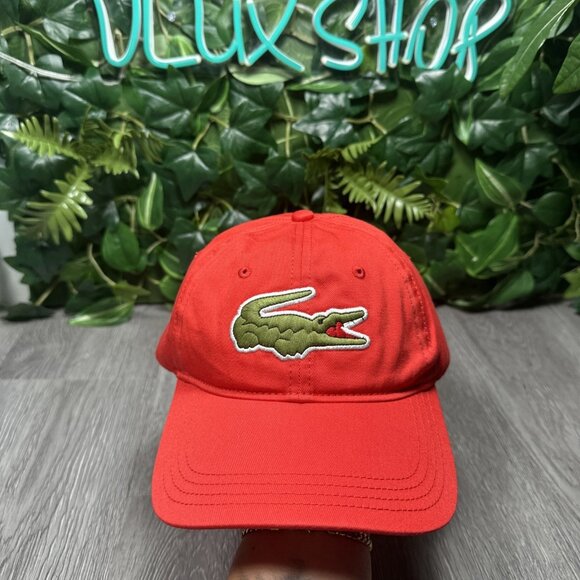 Lacoste Men’s Big Croc Logo Adjustable Cap Leather Strap Hat Red Green New